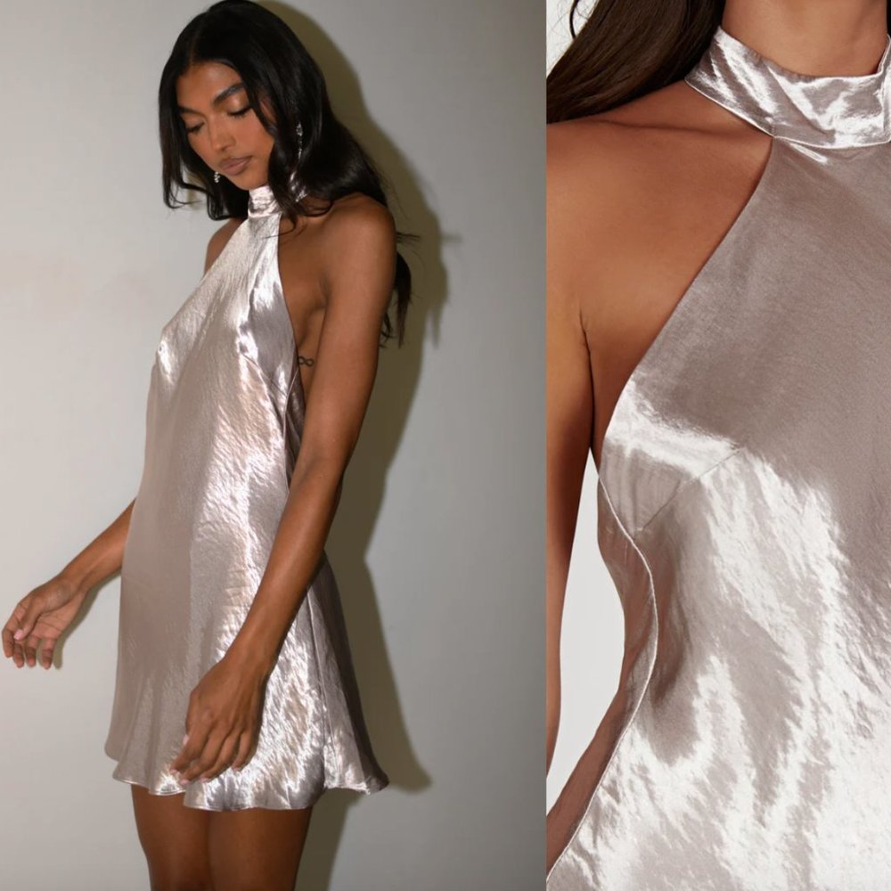 NWT Cartia Bow Halter Micro Mini Dress - Bronze XXS MESHKI